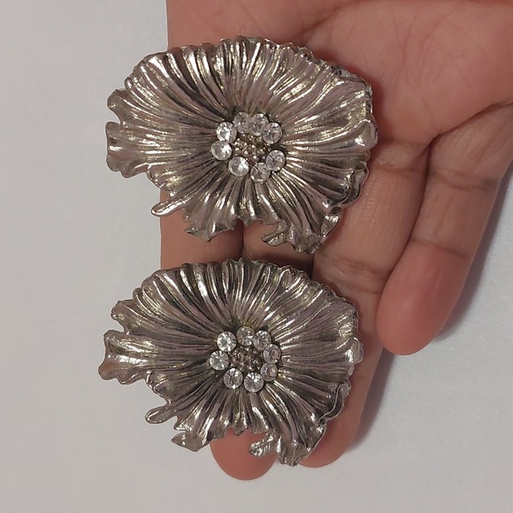 Vintage Rhinestone Embellished Clip On Earrings Silver Tone - Picture 2 of 6